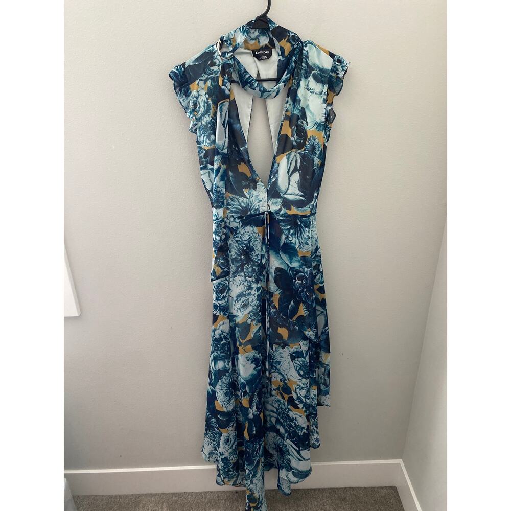 Bebe Floral Open-Back High-Low Midi Dress Blue Multi Women's Size XXS - Picture 2 of 5